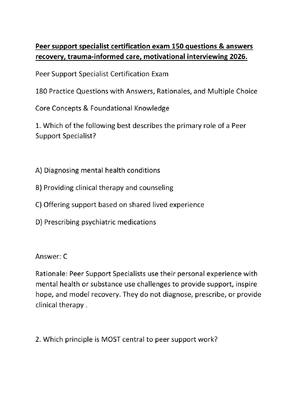 Preview image for Peer support specialist certification exam 150 questions & answers  recovery, trauma-informed care, motivational interviewing 2026.