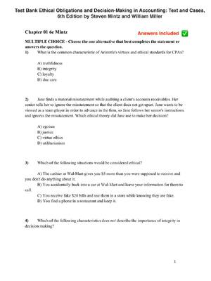 Preview of Test Bank Ethical Obligations and Decision-Making in Accounting: Text and Cases,  6th Edit