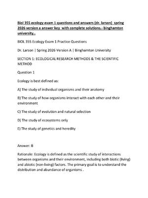 Preview of Biol 355 ecology exam 1 questions and answers (dr. larson)  spring 2026 version a answer k