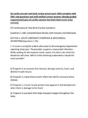 Preview of Ati cardio vascular test bank review actual exam 2026 complete with 500