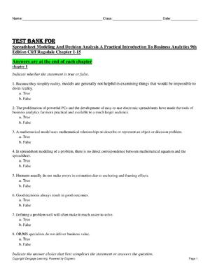 Preview of TEST BANK FOR  Spreadsheet Modeling And Decision Analysis A Practical Introduction To Busi