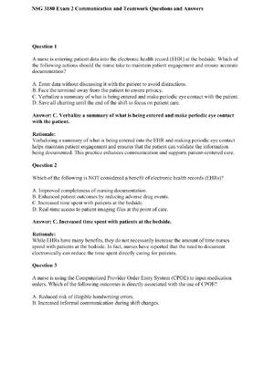 Preview of NSG 3180 Exam 2 Communication and Teamwork Questions and Verified Answers Rated A+