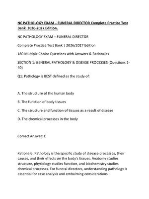 Preview of NC PATHOLOGY EXAM – FUNERAL DIRECTOR Complete Practice Test Bank  2026-2027 Edition.
