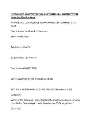 Preview of NEW MEXICO LOW VOLTAGE JOURNEYMAN ES3J – COMPLETE TEST BANK Certification Exam