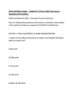 Preview of NFHS FOOTBALL EXAM  – COMPLETE STUDY GUIDE 300 Practice Questions with Verified .