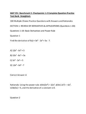 Preview of MAT 251  Benchmark 2- Checkpoints 1-2 Complete Question Practice Test Bank  StraighterL