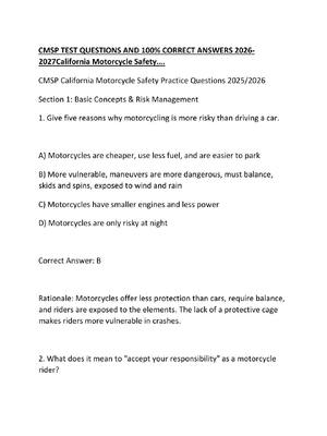 Preview of CMSP TEST QUESTIONS AND 100% CORRECT ANSWERS 2026-2027California Motorcycle Safety….