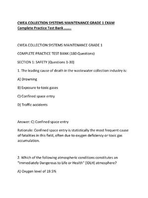 Preview of CWEA COLLECTION SYSTEMS MAINTENANCE GRADE 1 EXAM Complete Practice Test Bank