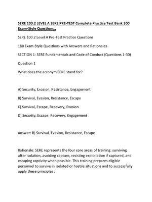Preview of SERE 100.2 LEVEL A SERE PRE-TEST Complete Practice Test Bank 300 Exam-Style Questions..