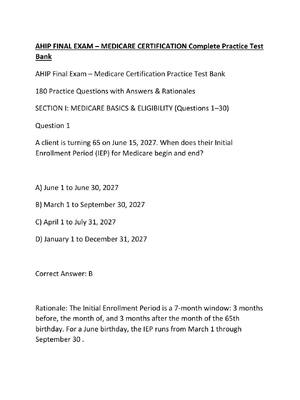 Preview of AHIP FINAL EXAM – MEDICARE CERTIFICATION Complete Practice Test Bank