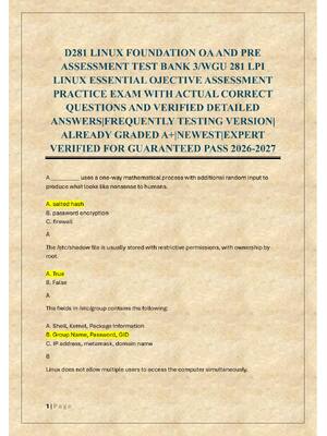 Preview of D281 LINUX FOUNDATION OA AND PRE  ASSESSMENT TEST BANK 3/WGU 281 LPI  LINUX ESSENTIAL
