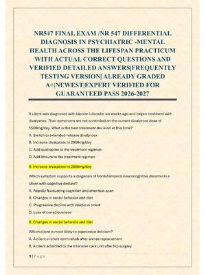 Preview of NR547 FINAL EXAM /NR 547 DIFFERENTIAL  DIAGNOSIS IN PSYCHIATRIC -MENTAL  HEALTH ACROSS THE