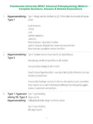 Preview of Chamberlain University NR507 Advanced Pathophysiology Midterm – Complete Questions, Answer