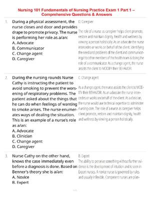 Preview of Nursing 101 Fundamentals of Nursing Practice Exam 1 Part 1 – Comprehensive Questions & Ans