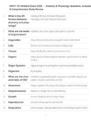 Preview of APHY 101 Midterm Exam 2026 – Anatomy & Physiology Questions, Answers & Comprehensive Study