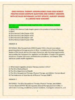 Preview image for OHIO PHYSICAL THERAPY JURISPRUDENCE EXAM 2026 NEWEST  PRACTICE EXAM COMPLETE QUESTIONS AND CORRECT ANSWERS  WITH DETAILED RATIONALES |LATEST UPDATE| ALREADY GRADED  A+||BRAND NEW VERSION!!
