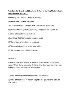 Preview of Test Bank for Chemistry 130 Arizona College of Nursing Midterm Exam Complete Practice Test