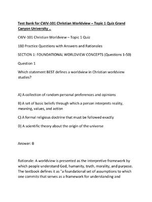 Preview of Test Bank for CWV-101 Christian Worldview – Topic 1 Quiz Grand Canyon University ..