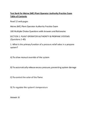 Preview of Test Bank for Maine (ME) Plant Operator Authority Practice Exam Table of Contents