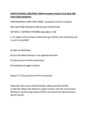 Preview of TRAFFICSCHOOL.COM FINAL EXAM Complete Practice Test Bank 300 Exam-Style Questions