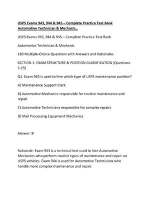 Preview of USPS Exams 943, 944 & 945 – Complete Practice Test Bank Automotive Technician & Mechanic,.