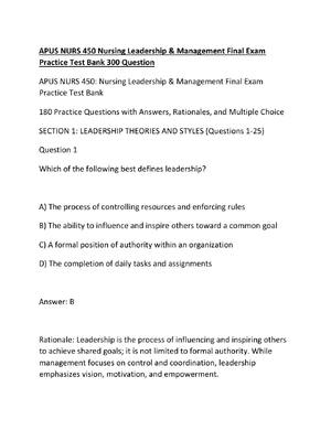 Preview of APUS NURS 450 Nursing Leadership & Management Final Exam Practice Test Bank 300 Question