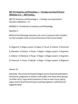 Preview image for BIO 151 Anatomy and Physiology 1 — Portage Learning All Exams (Modules 1-7) — 200 Practice..