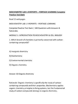 Preview of BIOCHEMISTRY LAB 1-9 REPORTS – PORTAGE LEARNING Complete Practice Test Bank