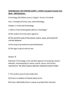 Preview of CRIMINOLOGY, 8TH EDITION (LARRY J. SIEGEL) Complete Practice Test Bank – 300 Questions .