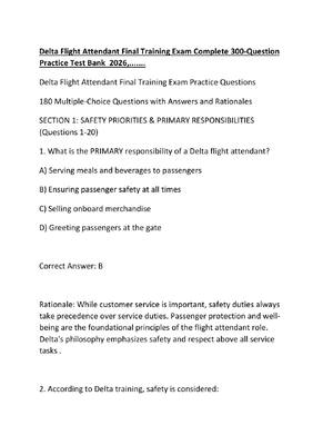 Preview of Delta Flight Attendant Final Training Exam Complete 300-Question Practice Test Bank  2026,
