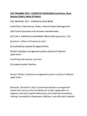 Preview of EPIC TRAINING TEST – COMPLETE EXAM BANK SmartTools, Chart Review, Orders, Notes & Patient