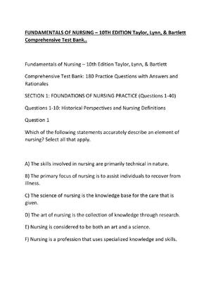 Preview of FUNDAMENTALS OF NURSING – 10TH EDITION Taylor, Lynn, & Bartlett  Comprehensive Test Bank..