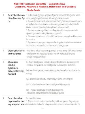Preview of NSC 408 Final Exam 2026/2027 – Comprehensive Questions, Answers & Nutrition, Metabolism an