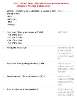 Preview of NSC 170 Final Exam 2026/2027 – Comprehensive Nutrition Questions, Answers & Study Guide