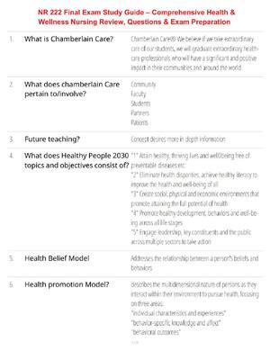 Preview of NR 222 Final Exam Study Guide – Comprehensive Health & Wellness Nursing Review, Questions