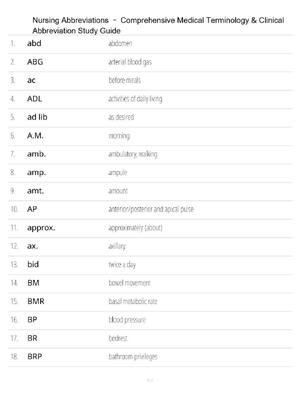 Preview of Nursing Abbreviations – Comprehensive Medical Terminology & Clinical Abbreviation Study Gu