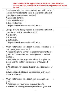 Preview of National Pesticide Applicator Certification Core Manual – Practice Exam, Questions, Answer