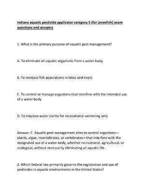 Preview image for Indiana aquatic pesticide applicator category 5 (for jonesfish) exam questions and answers