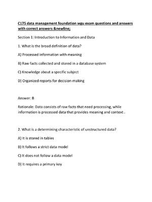 Preview image for C175 data management foundation wgu exam questions and answers with correct answers