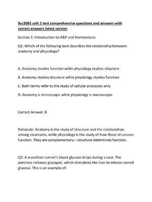 Preview of Bsc2085 unit 1 test comprehensive questions and answers with  correct answers latest versi