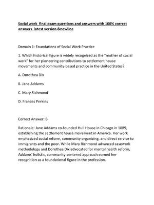 Preview of Social work  final exam questions and answers with 100