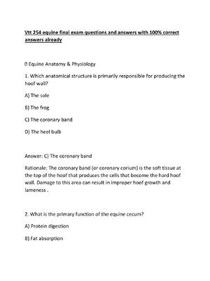 Preview of Vtt 254 equine final exam questions and answers with 100