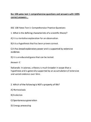 Preview of Bsc 108 yates test 1 comprehensive questions and answers with 100