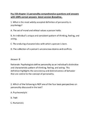 Preview of Psy 150 chapter 11 personality comprehensive questions and answers with 100