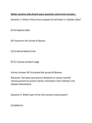 Preview of Barber practice state board exam questions and correct answers