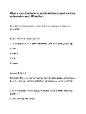 Preview of Milady's professional barbering sample state board exam 1 questions and correct answers 10