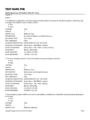 Preview of Test Bank for  Global Business, 5th Edition By Mike W. Peng Chapters 1-17