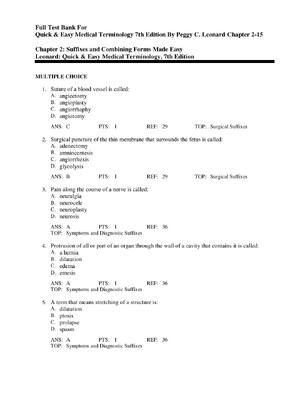 Preview of Full Test Bank For  Quick & Easy Medical Terminology 7th Edition By Peggy C. Leonard Chapt