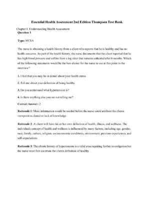 Preview of Essential Health Assessment 2nd Edition Thompson Test Bank