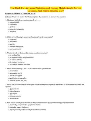 Preview of Test Bank For Advanced Nutrition and Human Metabolism 8th Edition By Sareen Gropper, Jack